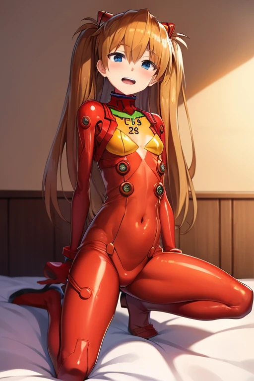 (( top quality)), ((masterpiece)), (be familiar with),  perfect face, indoor, bedroom,  watching viewers,
One woman,  Soryu Asuka Langley,
 open mouth,  ecstatic expression beside the piano, blush, smile,
 small tits,  flat chested, Young girl, Lori,  s,  girl,
 long hair,  Twin Tails ,
Leg spread,