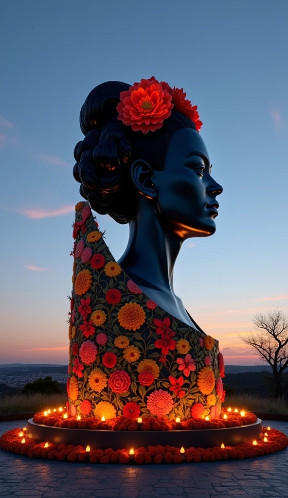 A portrait of Frida Kahlo, capturing her distinctive style with traditional Mexican clothing and elaborate floral headpiece. Her hair is styled in thick braids, adorned with colorful flowers, reflecting her iconic appearance. She wears a vibrant red and teal dress with intricate patterns, emphasizing her cultural heritage. The background is filled with bold, vivid colors, reflecting the intensity of her art and personality. The overall style is a mix of realism and symbolic elements that reflect her unique identity.