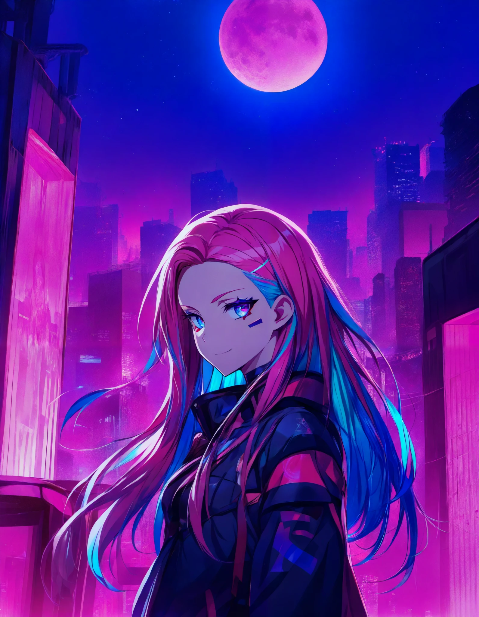 colorful, 1girl, colorful, colorful, cyberpunk, ladder, looking at viewer, moon, multicolored hair, two-tone hair, pink theme, long hair, solo, closed mouth, limited palette, full moon, building, smile, outdoor, city lights, masterpiece, best quality, newest, very awa