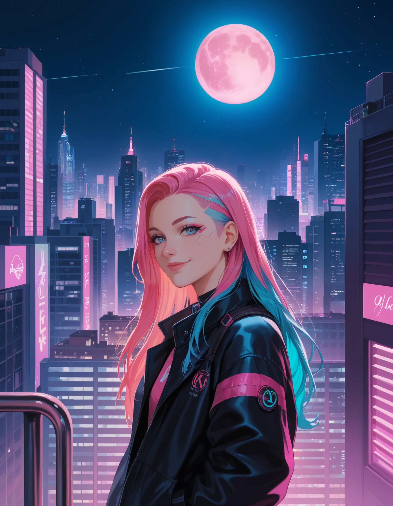 score_9, score_8_up, score_7_up,, colorful, 1girl, colorful, colorful, cyberpunk, ladder, looking at viewer, moon, multicolored hair, two-tone hair, pink theme, long hair, solo, closed mouth, limited palette, full moon, building, smile, outdoor, city lights, masterpiece, best quality, newest, very awa