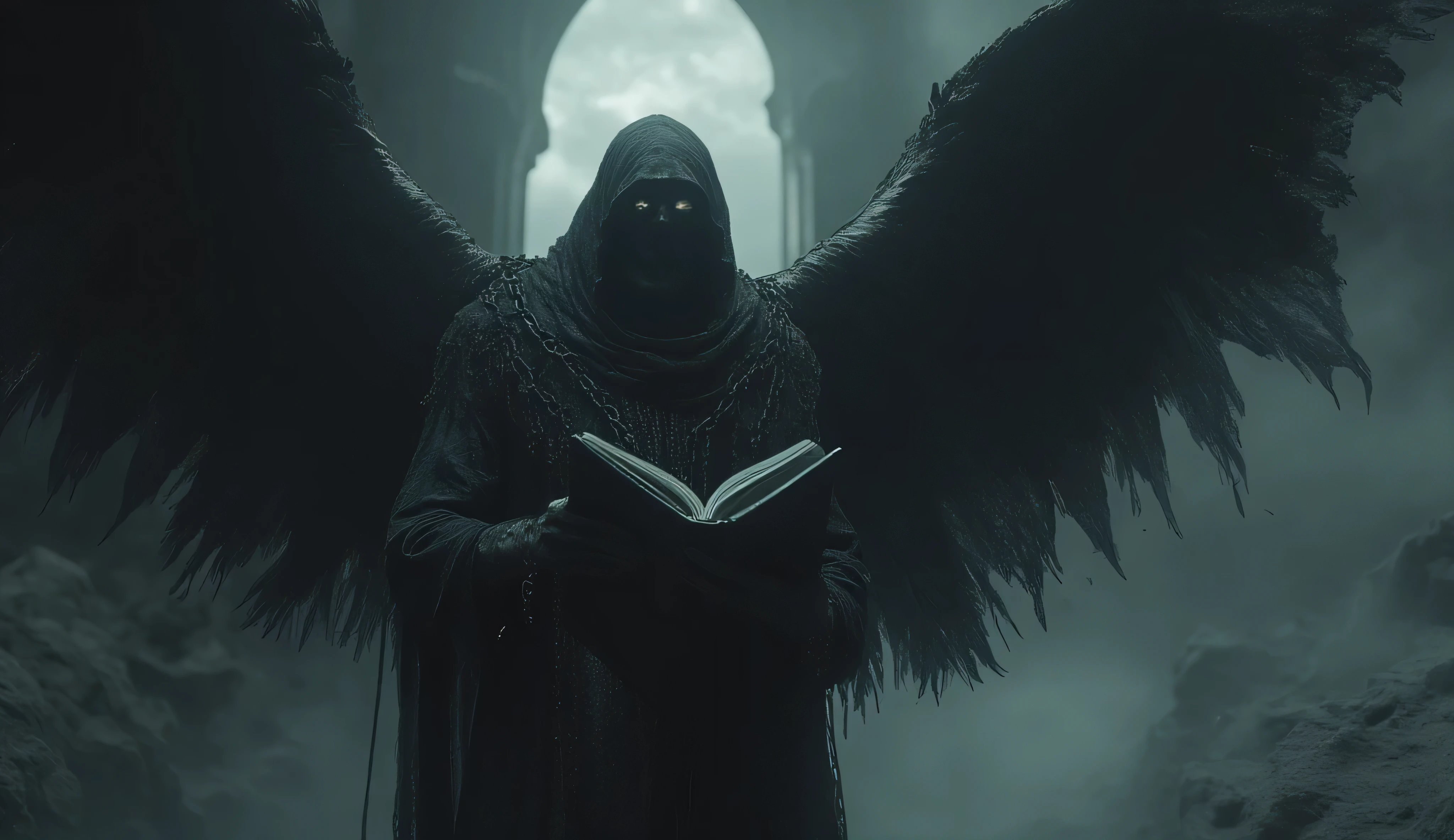 The dark angel. He is dressed in a monastic black robe with former elements, and a hood covers his entire face. He's all hung up with chains and barn locks. He was clutching a large and heavy Holy Book in both hands. Two large black wings. the mystery. dark lighting. The gates of paradise and clouds are in the background. Horror. Greatness. Ashes are falling from the sky.