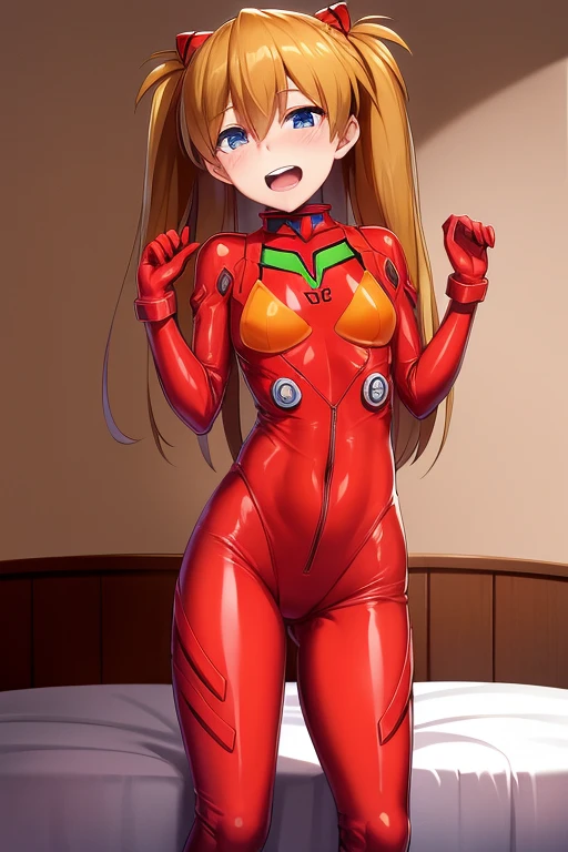 (( top quality)), ((masterpiece)), (be familiar with),  perfect face, indoor, bedroom,  watching viewers,
One woman,  Soryu Asuka Langley,
 open mouth,  ecstatic expression beside the piano, blush, smile,
 small tits,  flat chested, Young girl, Lori,  s,  girl,
 long hair,  Twin Tails ,
Leg spread,