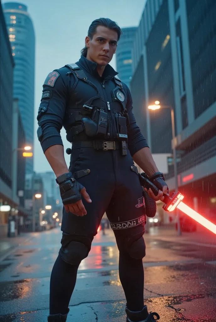 wide shot of rico at 35 years old in a cinematic action pose as a futuristic cyberpunk assassin with a laser sword in a rain drenched cityscape