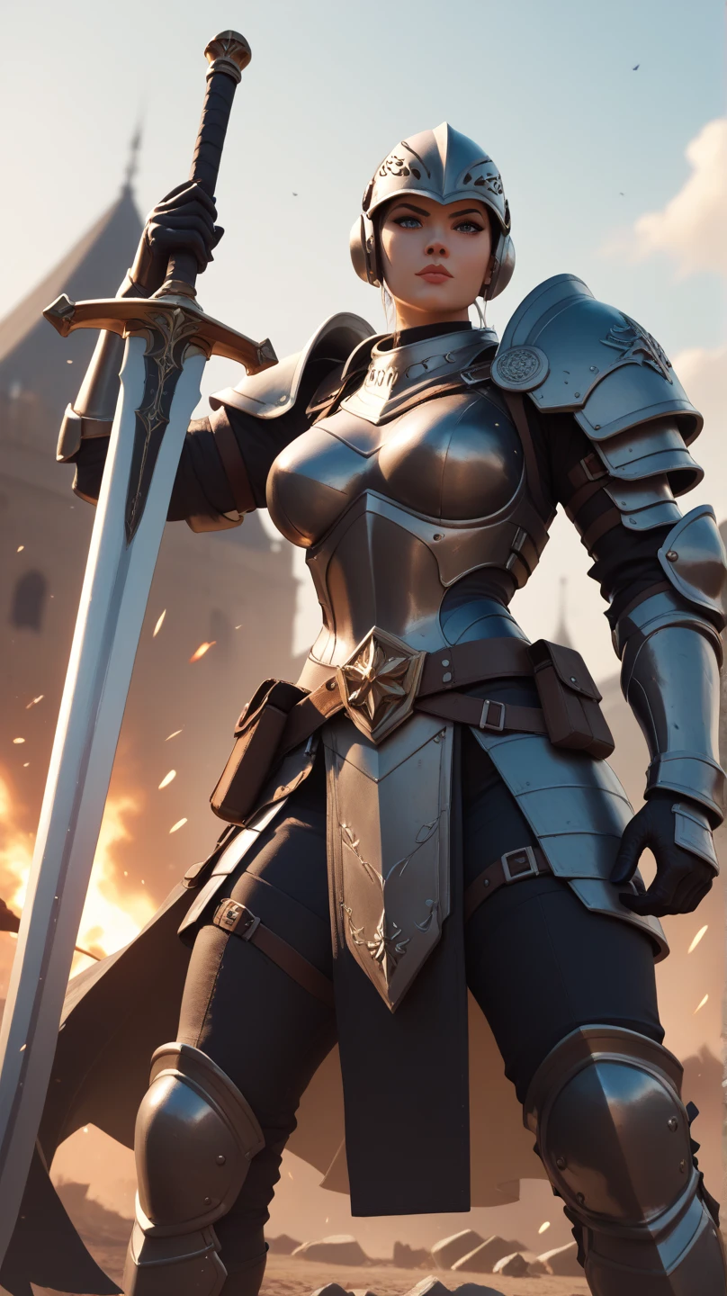 4K,On the battlefield, a girl was standing, wearing black armor and holding an enormous sword in one hand.