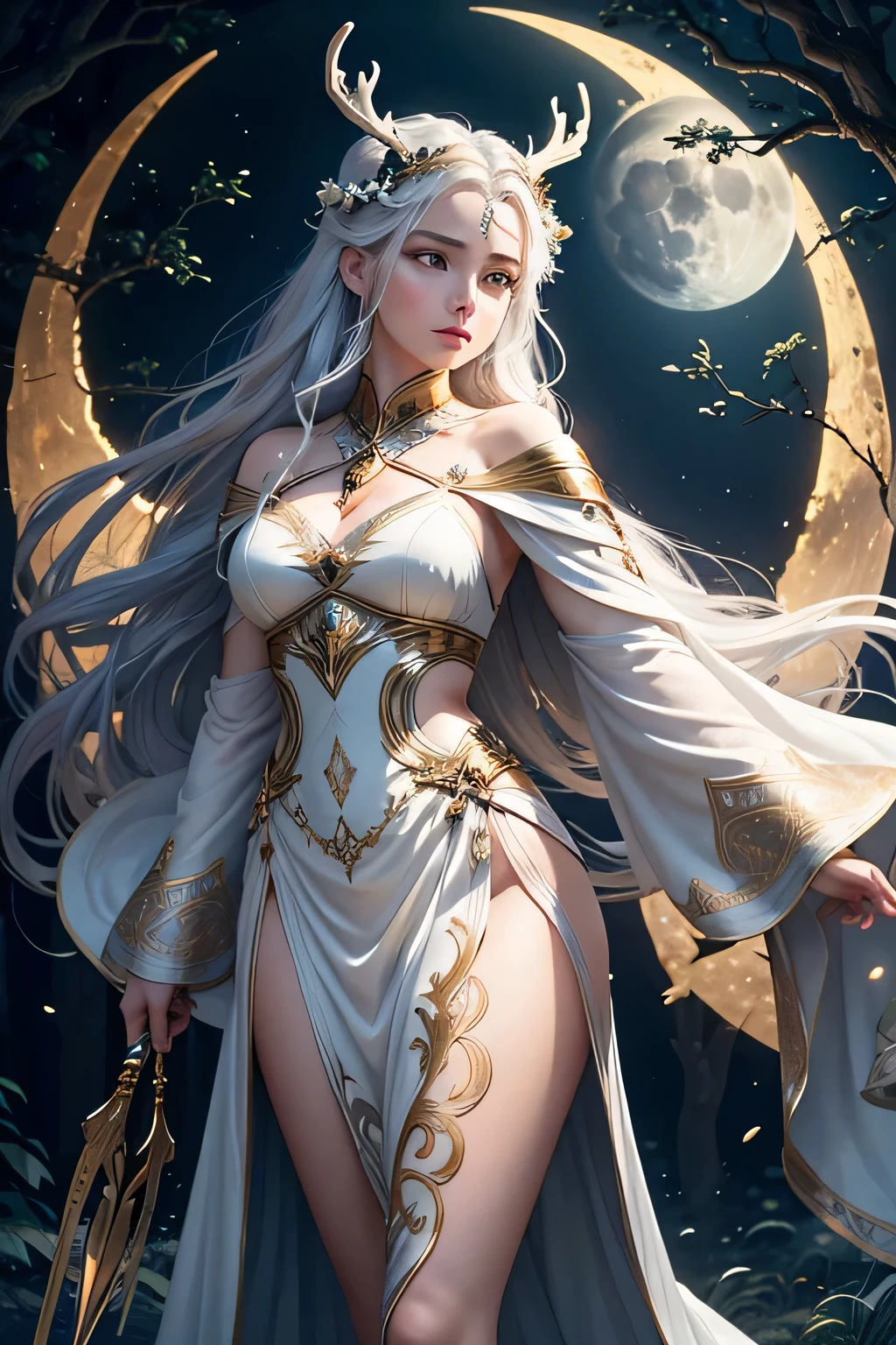 Moon goddess in beautiful dress. white dress, she is holding a white rabbit in her arms, art by mschiffer, mystical, she is enchanted, magical light, 32K resolution, top quality, dynamic pose, action pose, Xerven Livafiel, color fragment, sketchbook, hand drawn Graphic Sketch, Rough Sketch, Mix of Dark Bold and Loose Lines, Bold Lines, On Paper, ((Folded Character Sheet)), Full Length, Beautiful Theme, Partially Braided Flowing White Hair, Noble, Scattered Moon Stones, Including everything from headdress to toes, Black without Moon Background,
