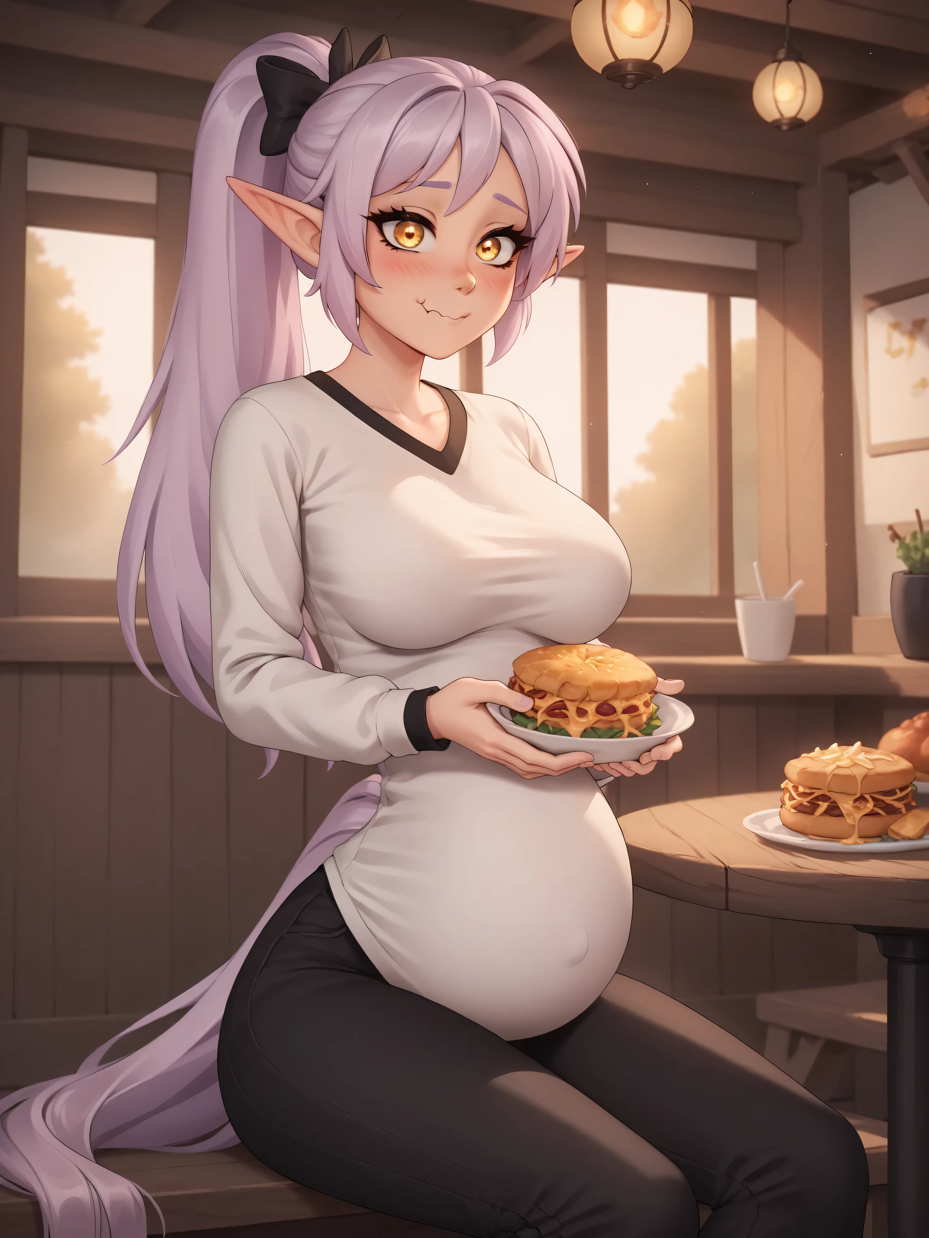 (4K HD Quality), score_9_up, score_8_up, score_6_up, anthro, solo, 1girl, female, elf, lavender hair, long hair, golden eyes, medium large breasts, 

Amity_Blight_Season_3_Version, (ponytail_hair), 

blush, pregnant, looking at view, thick clothing, long sleeve shirt, long pants, shock face, sit, eat, dining room, food, eat a lot, holding food, 