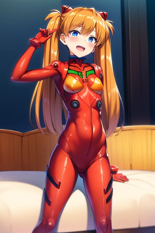 (( top quality)), ((masterpiece)), (be familiar with),  perfect face, indoor, bedroom,  watching viewers,
One woman,  Soryu Asuka Langley,
 open mouth,  ecstatic expression beside the piano, blush, smile,
 small tits,  flat chested, Young girl, Lori,  s,  girl,
 long hair,  Twin Tails ,
Leg spread,