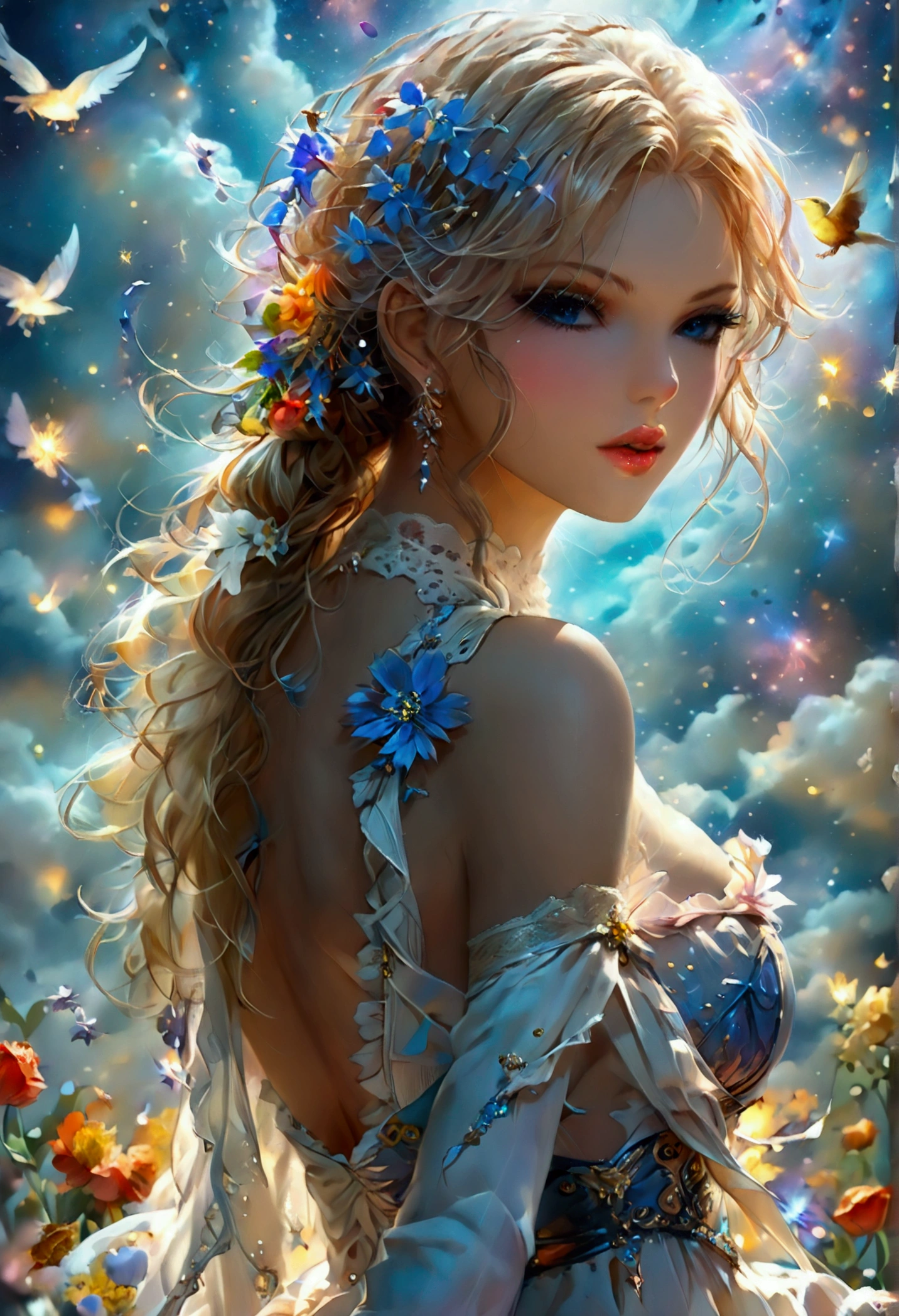 (best quality),((masterpiece)),(highres), original, (extremely detailed 8K wallpaper), overexposure,1girl,(medium breasts),(an extremely delicate and beautiful),(Beautiful and detailed eye description), (Beautiful and detailed facial depiction),(solo),(full body), arms behind back, blonde hair, messy hair, long hair, luxury evening gown, fine and detailed armor, castle, glory, hope, (beautiful sunset, cloudy sky), hair ornament, necklace, jewelry, earrings, background with butterflies, bare shoulders,