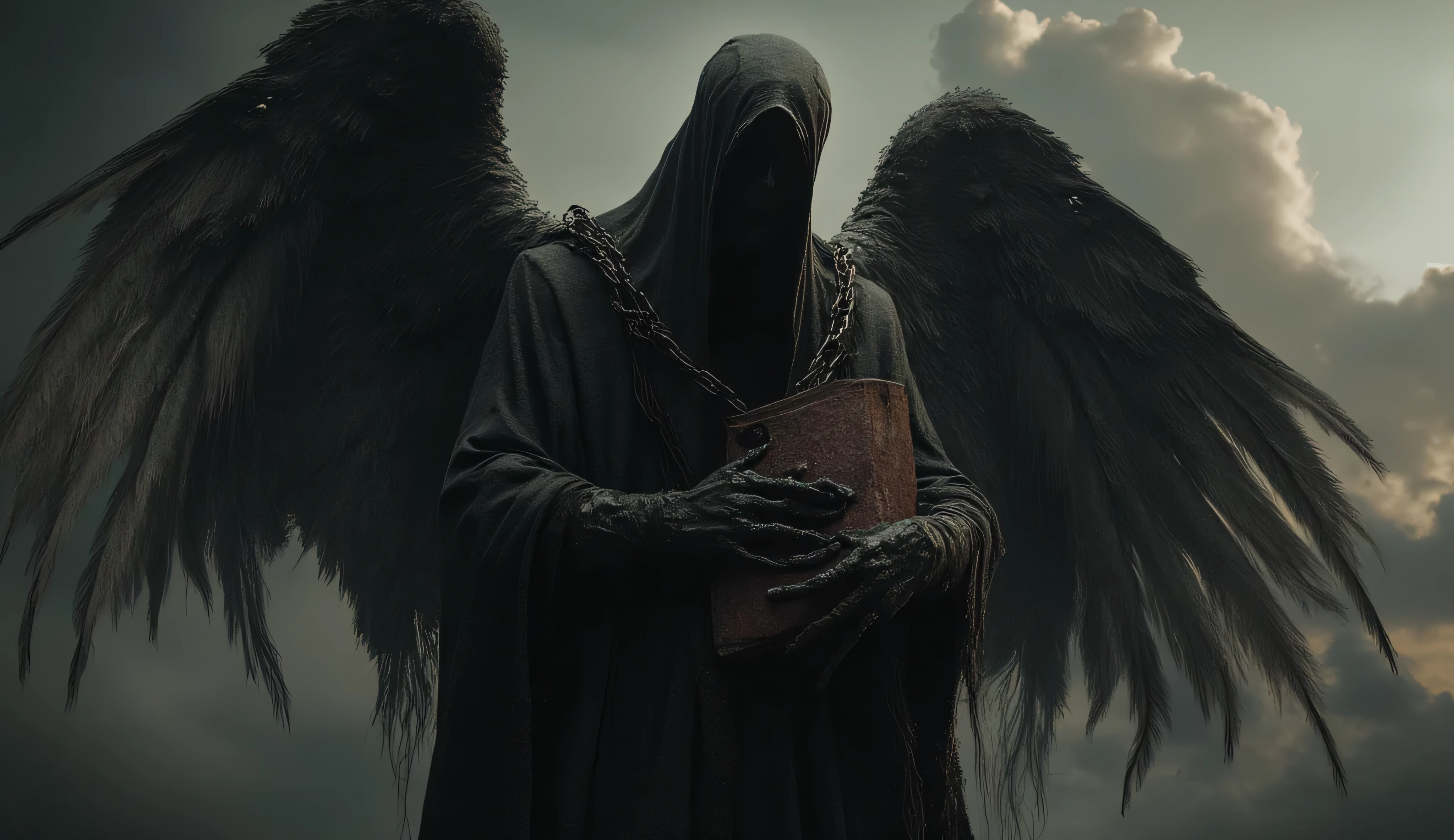 The dark angel. He is dressed in a monastic black robe with former elements, and a hood covers his entire face. He's all hung up with chains and barn locks. He was clutching a large and heavy Holy Book in both hands. Two large black wings. the mystery. dark lighting. The gates of paradise and clouds are in the background. Horror. Greatness. Ashes are falling from the sky.