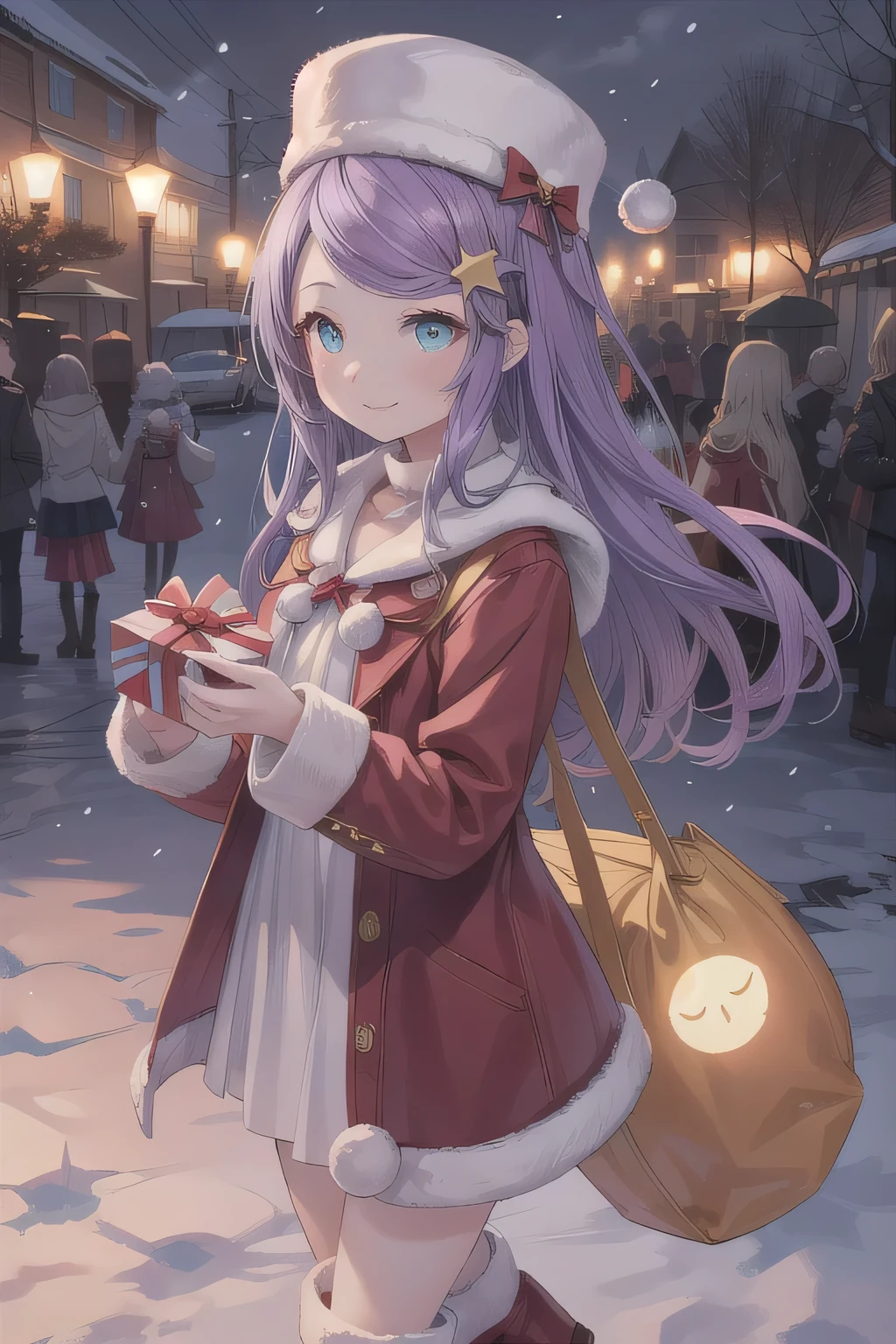 She is dressed in a classic Santa Claus outfit, with a red and white coat, a matching skirt, and black boots, perfectly tailored to her small frame. On her back, she carries a large, white sack filled with presents, the soft fabric of the bag hinting at its generous contents.
The background is a serene park blanketed in snow, with the sky transitioning from a warm orange of sunset to the cool blue of night. Snowflakes gently fall, adding to the tranquil winter atmosphere. The girl’s bright and cheerful expression contrasts beautifully with the peaceful surroundings, evoking a sense of warmth and festive joy. Colorful fireworks are bursting into the sky. long hair, blue eyes, Purple Hair, swept bangs,
hair ornament, Long Sleeve , white headwear , Star hair ornament,
(masterpiece:1.2), top quality, high definition , Unity 8K Wallpaper , ( illustrations:0.8), ( Beautiful Detailed Eyes :1.6), extremely detailed face, perfect lighting, very detailed CG, (perfect hand, Perfect Anatomy),
