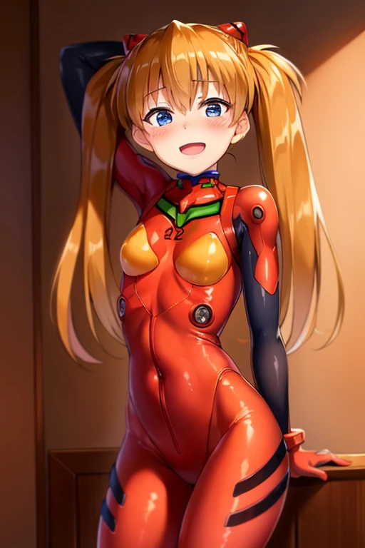 (( top quality)), ((masterpiece)), (be familiar with),  perfect face, indoor, bedroom,  watching viewers,
One woman,  Soryu Asuka Langley,
 open mouth,  ecstatic expression beside the piano, blush, smile,
 small tits,  flat chested, Young girl, Lori,  s,  girl,
 long hair,  Twin Tails ,
Leg spread,