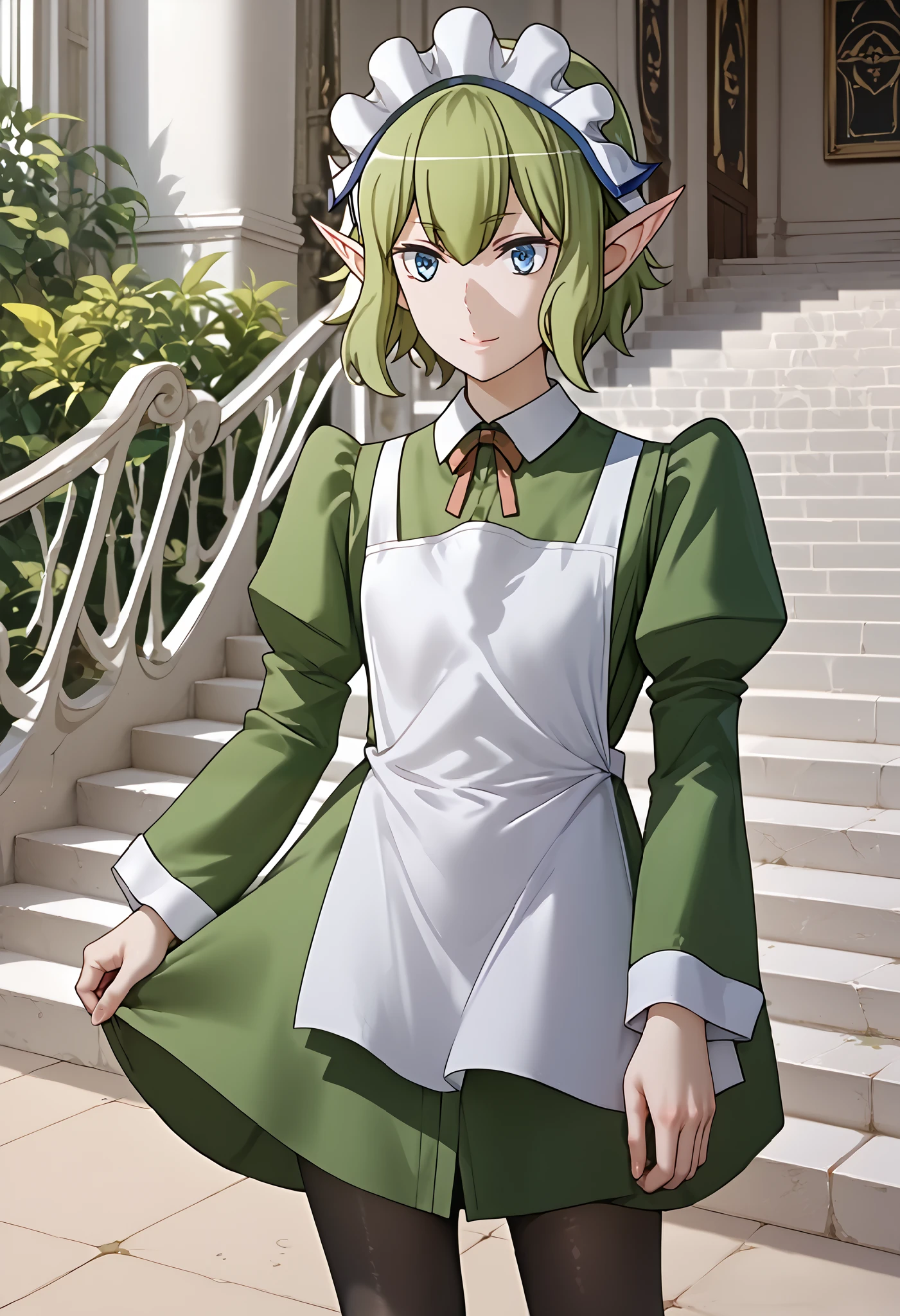 Danmachi，(((Liu Liong)))，naked，Elf， green hair，Green Dress，Maid， black pantyhose ， Long Sleeve ，red neck ribbon， blue eyes， pointed ears， standing with different breasts ，( slender )，(masterpiece), ( top quality),   1 girl,   heterosexual lover， high definition ， very aesthetic， glossy skin， style，Beautiful eyes，8K resolution，excited，anime，smile，