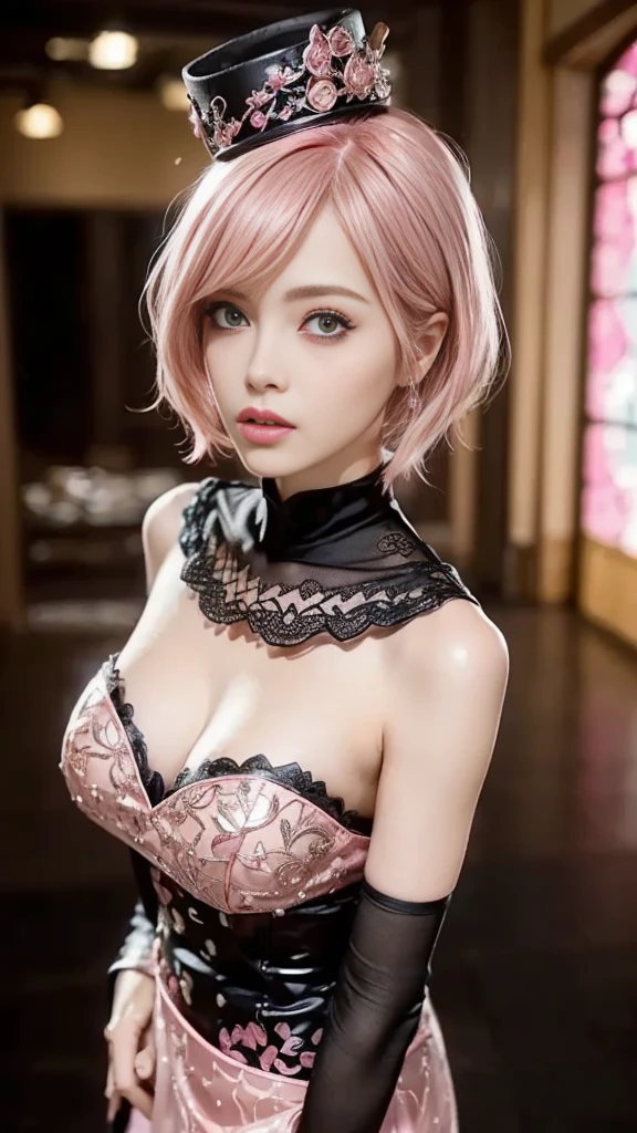 (masterpiece:1.4),(best quality:1.4),(extremely delicate and beautiful:1.2),Amazing,beautiful detailed eyes,finely detail,Depth of field,extremely detailed CG unity 8k wallpaper, masterpiece,(A Vampire Girl),pink hair,blonde hair,Red pupils,cleavage,unbuttoned clothes,huge breasts,(milf),torogao,oda non