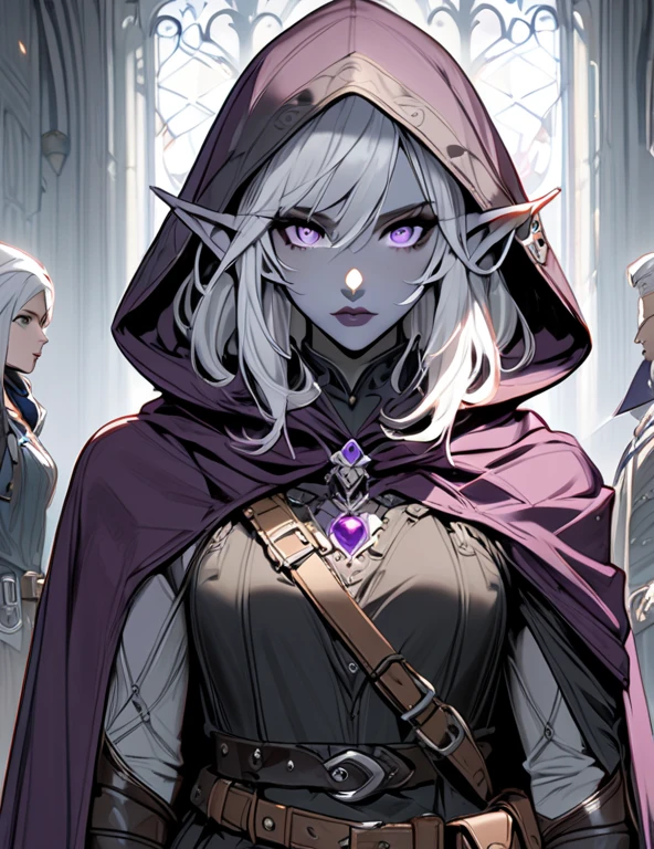 Drow,  Pointed ears, Solitary, Elf, hood, Skin of color, looking at the audience, Long silver hair, cloak, dark Elf, hood up, cape, hooded cloak, belt, pouch, Lavender-colored eyes, Gray skin, Upper Body, arms, Lips, armor, Black/White Badge, potion belt, smith tools on belt,((masterpiece, best quality))