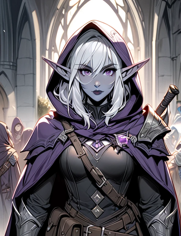 Drow,  Pointed ears, Solitary, Elf, hood, Skin of color, looking at the audience, Long silver hair, cloak, dark Elf, hood up, cape, hooded cloak, belt, pouch, Lavender-colored eyes, Gray skin, Upper Body, arms, Lips, armor, Black/White Badge, potion belt, smith tools on belt,((masterpiece, best quality))