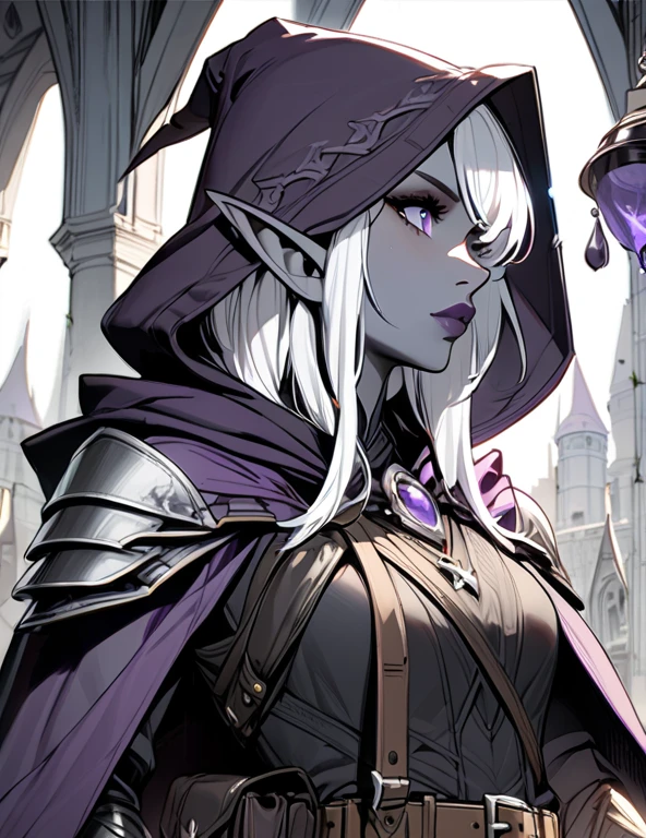 Drow,  Pointed ears, Solitary, Elf, hood, Skin of color, looking at the audience, Long silver hair, cloak, dark Elf, hood up, cape, hooded cloak, belt, pouch, Lavender-colored eyes, Gray skin, Upper Body, arms, Lips, armor, Black/White Badge, potion belt, smith tools on belt,((masterpiece, best quality))