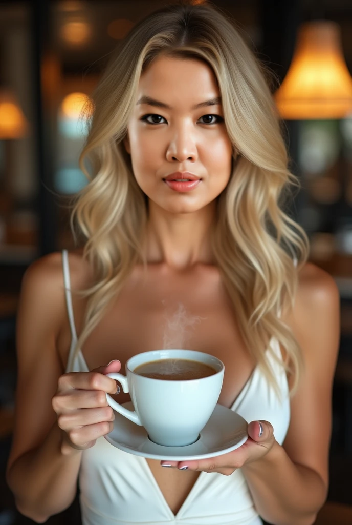 Saw a young Thai woman with a fit body sitting at a coffee shop., wearing a white bikini She smiled and held a coffee mug with her friend., Create a fun atmosphere. This masterpiece, Presented in ultra-detailed 8K resolution., Showing every beautiful detail. Her eyes., Full of life and expression, Charming and beautiful., while her nose, Sharp and clear, Complementing the structure of her face. She is very long, Golden blonde hair cascaded over her shoulders., Add brightness to the scene. This close-up photo was taken at a park., Depth of field is artfully used to bring clarity to the woman and her coffee.
