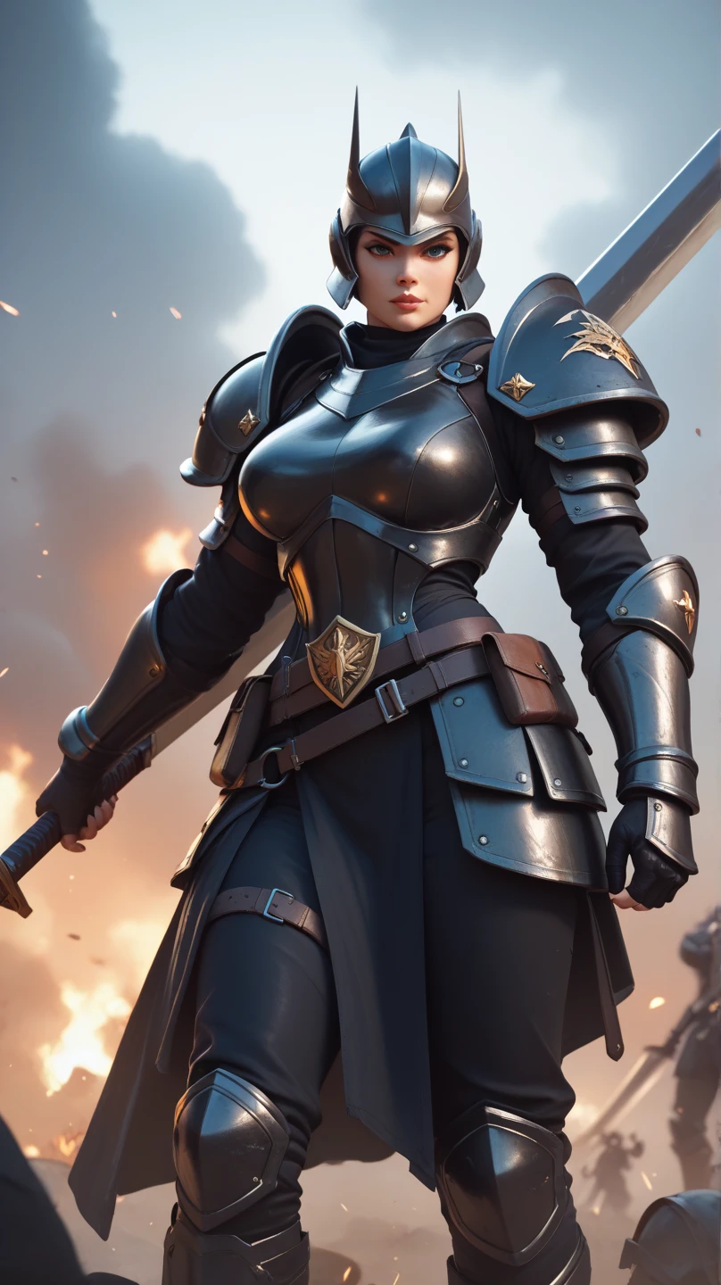 4K,On the battlefield, a girl was standing, wearing black armor and holding an enormous sword in one hand.