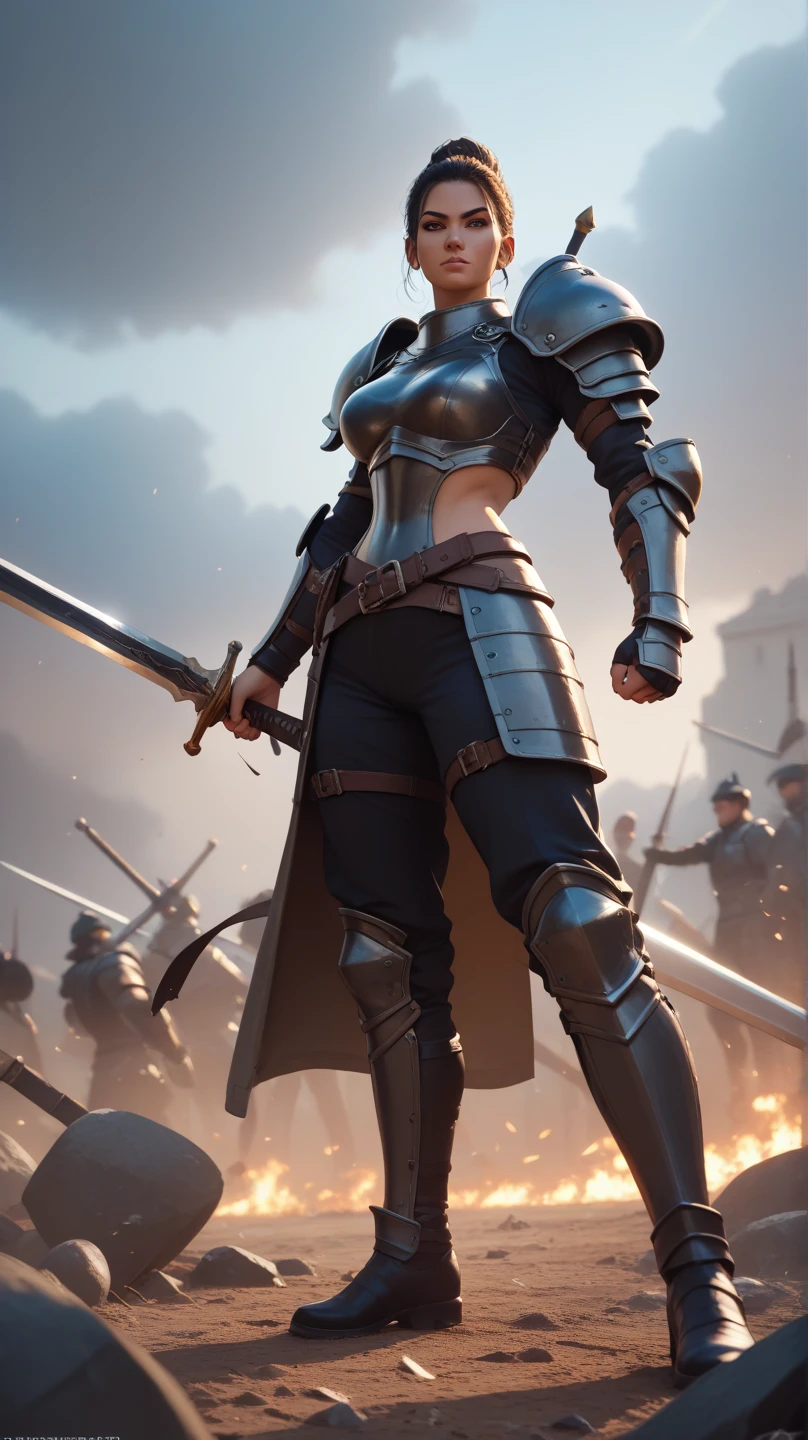 4K,On the battlefield, a girl was standing, wearing black armor and holding an enormous sword in one hand.