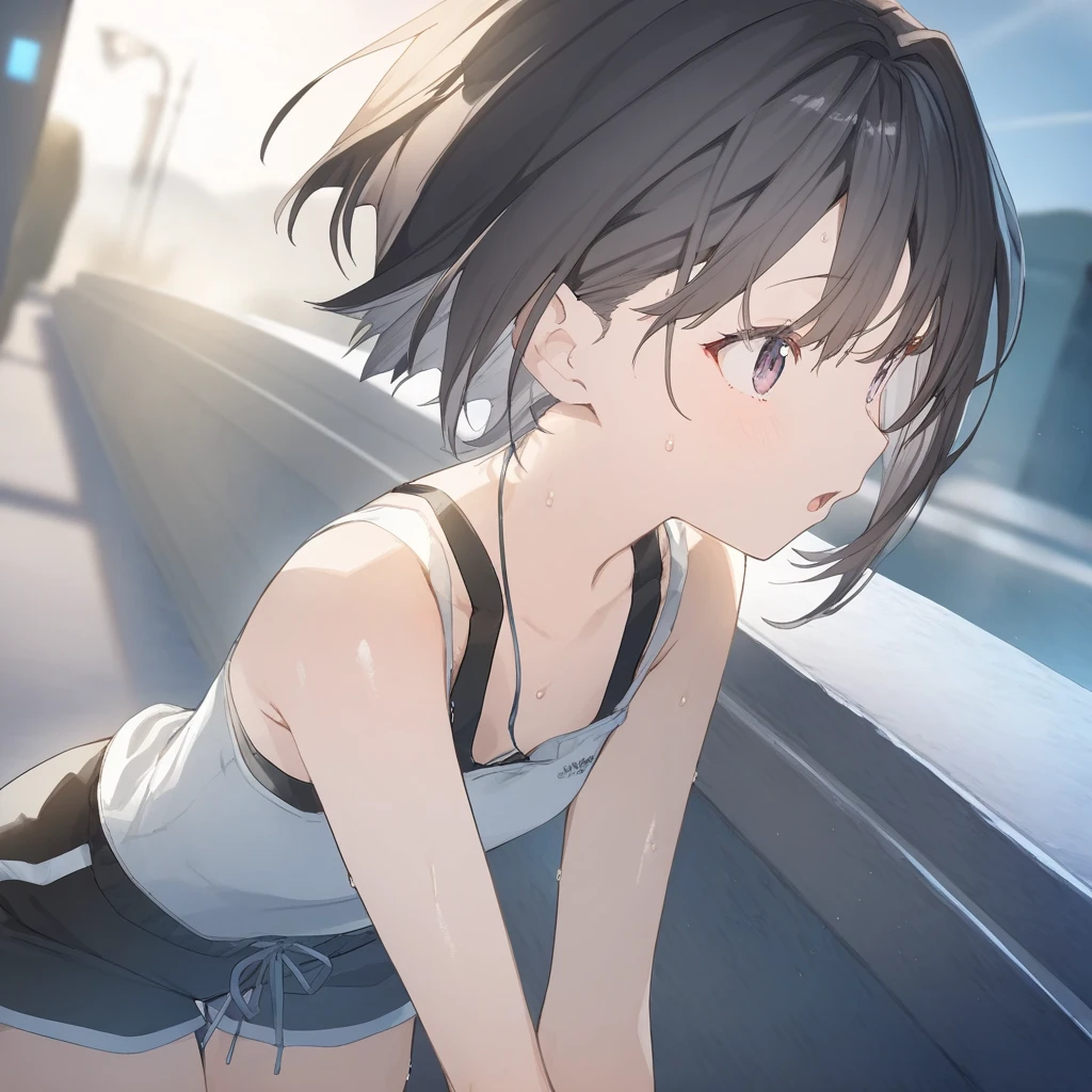 whole body, solo, alone, delicate facial features, medium tits, medium hair, black hair, tearful mole, earring, tank top shirt, cargo pants, shorts, wet,