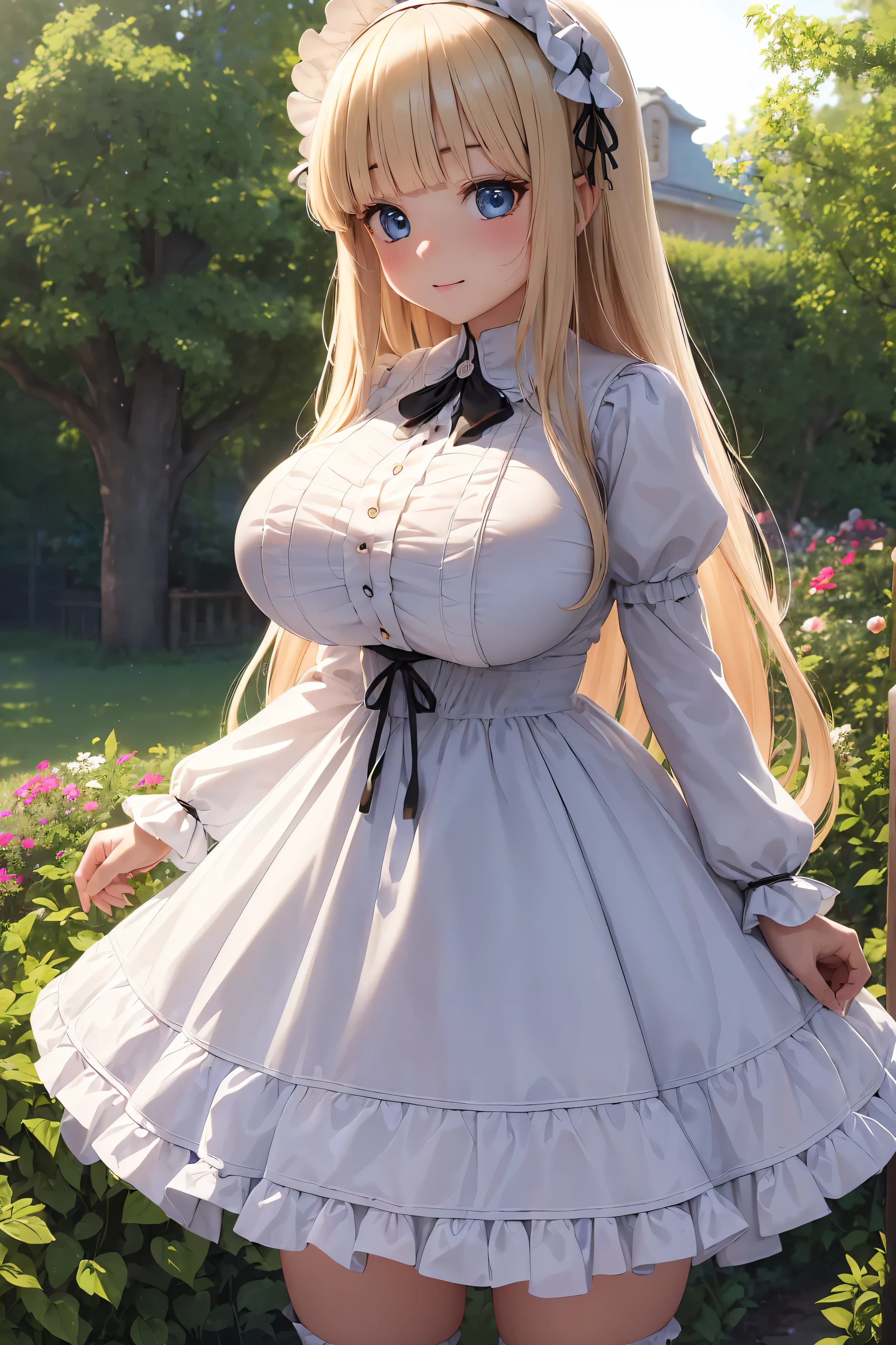 ( ultra detail),(1 person,li:1.5),(  Lolita fashion), ( Beautiful light blue eyes, Innocent Smiles  ), (blunt bangs,  blonde alone , long hair is fluffy  ), (  very big breasts:1.5),( has thick thighs:1.2),garden,(  cowboy shot ),(  anime style:1.5),(8k,  top quality,  clear ,   top quality,   Ultra High Resolution ,  super detailed, Accurate,   high detail ,   high resolution icon ,, detailed face ,  beautiful eyes )