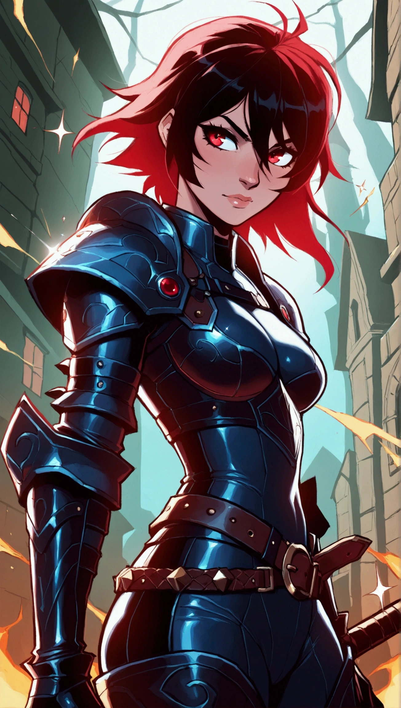 Masterpiece, high_quality, concept_art, (Sparkle), black_hair, red_eyes, chuckle, armor, bodysuit, belt, gloves, boots thief, daggers