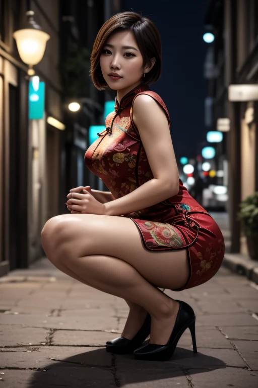 long-shot, low-angle view of a beautiful Asian girl, curvaceous, squatting, slightly open legs. on old street, at night. wearing a red mini cheongsam, open on both sides. cinematic light.