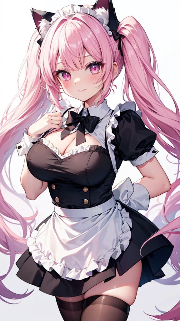 (masterpiece、highest quality、Super detailed)、((One girl))、((Pink Hair))、((Twin tails))、((Light blue eyes))、evil smile、((Grin))、Earrings、((Very large breasts))、White brim、((Maid))、Short sleeve、cleavage、apron、((miniskirt))、((garter straps))、Cowboy Shot、Indoor background