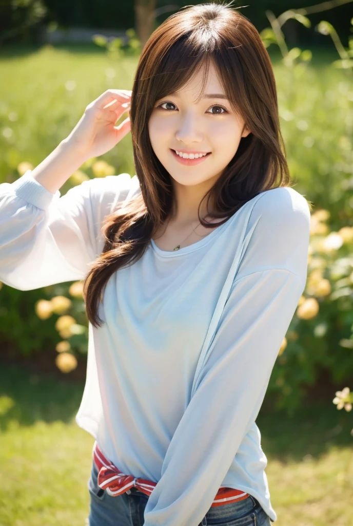 (highest quality、table top、8K、best image quality、Award-winning work)、one university girl, 22 years old, (alone:1.1), perfect beautiful composition, ((Full body:1.3)), (natural big breasts that are about to burst:1.2), (emphasize body line:1.1), slender body, ((perfect and accurate white polyester shirt:1.3)), (black pleated skirt:1.1) look at me and smile, (Beautiful park background with strong blur:1.1), The most natural and perfect beauty park、perfectly maintained park, ((random sexy pose:1.3)), natural makeup, Ultra high definition beauty face, ultra high definition hair, Super high-definition sparkling eyes, (Super high resolution glossy skin:1.1), Super high resolution glossy lips, accurate anatomy, (very bright and vivid:1.1), (dark brown wavy long hair), Ultra High Detail Body, ultra high detail hands