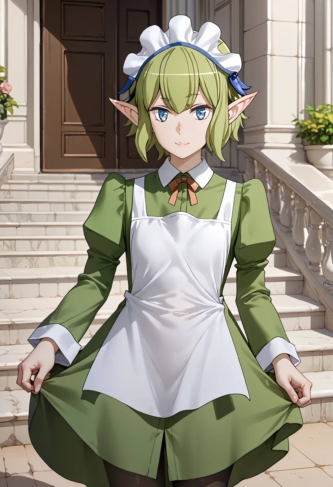 Danmachi，(((Liu Liong)))，naked，Elf， green hair，Lime green dress，Maid， black pantyhose ， Long Sleeve ，red neck ribbon， blue eyes， pointed ears， standing with different breasts ，( slender )，(masterpiece), ( top quality),   1 girl,   heterosexual lover， high definition ， very aesthetic， glossy skin， style，Beautiful eyes，8K resolution，excited，anime，smile，