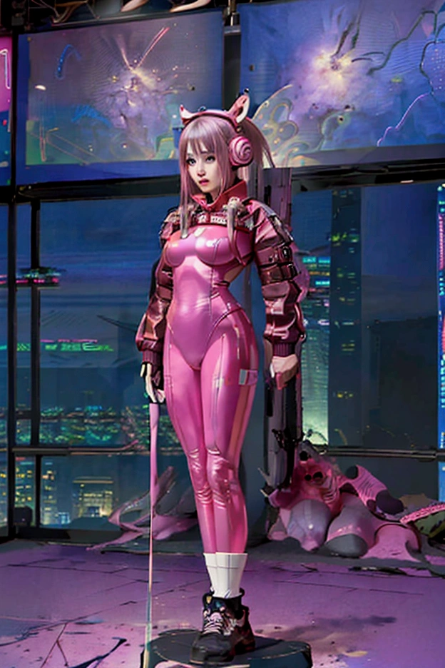  top quality , masterpiece,  realistic, 1 woman, Alone, Full body,  standing ,  visitors, alice  Cosplay  costume,  Cosplay ,  pink hair,  cropped jacket ,  Animal Ear Headphones ,  bodysuit ,  perfect for the body , socks, distance,  cyberpunk, Neon lights, night,  People ,  science fiction , 