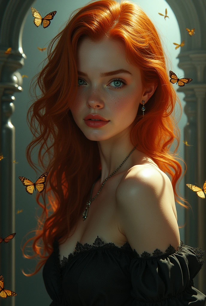 (solo, full body photo:1.3), (action packed:1.3), (haze, fog, mist:1.3), chiaroscuro, best quality, photorealistic, 1woman, (cute), (24yo:1.2), redhead, long ginger hair highly detailed, 1700'S, digital photography, art by artgerm and ruan jia and greg rutkowski surreal painting gold butterfly filigree, broken glass, (masterpiece, sidelighting, finely detailed Fashionable eyes: 1.2) (perfect oval large eyes that gazes at the viewer), beautiful detailed face, blue gorgeous perfect eyes, (blonde hair ponytail), (attractive young woman:1.3), (thick amazing hair), (seductive:1.1), (blushing:1.1)