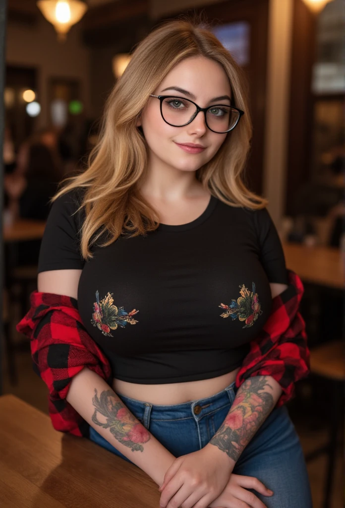 (best quality, ultra-detailed, realistic:1.37), stylish medium (portrait:1.1), vibrant colors, flattering lighting, detailed background, urban setting, confident expression, a woman wearing glasses, a red jacket, and a chest binder tattoo is posing, 1girl, nipples, beanie, breasts, solo, glasses, tattoo, hat, blue eyes, jacket, mouth hold, open clothes, topless,