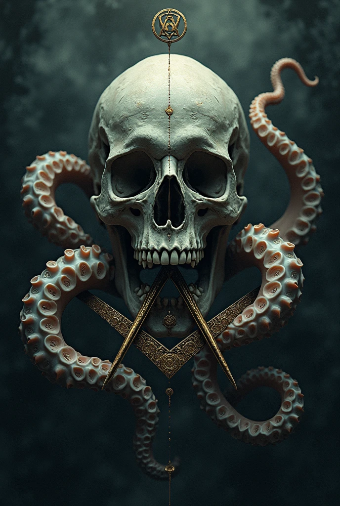 Image of a skull with 2 snakes and a tarantula coming out of his eyes and under the skull there is a cross-crossed weapon with a base made of tattoo-style roses
