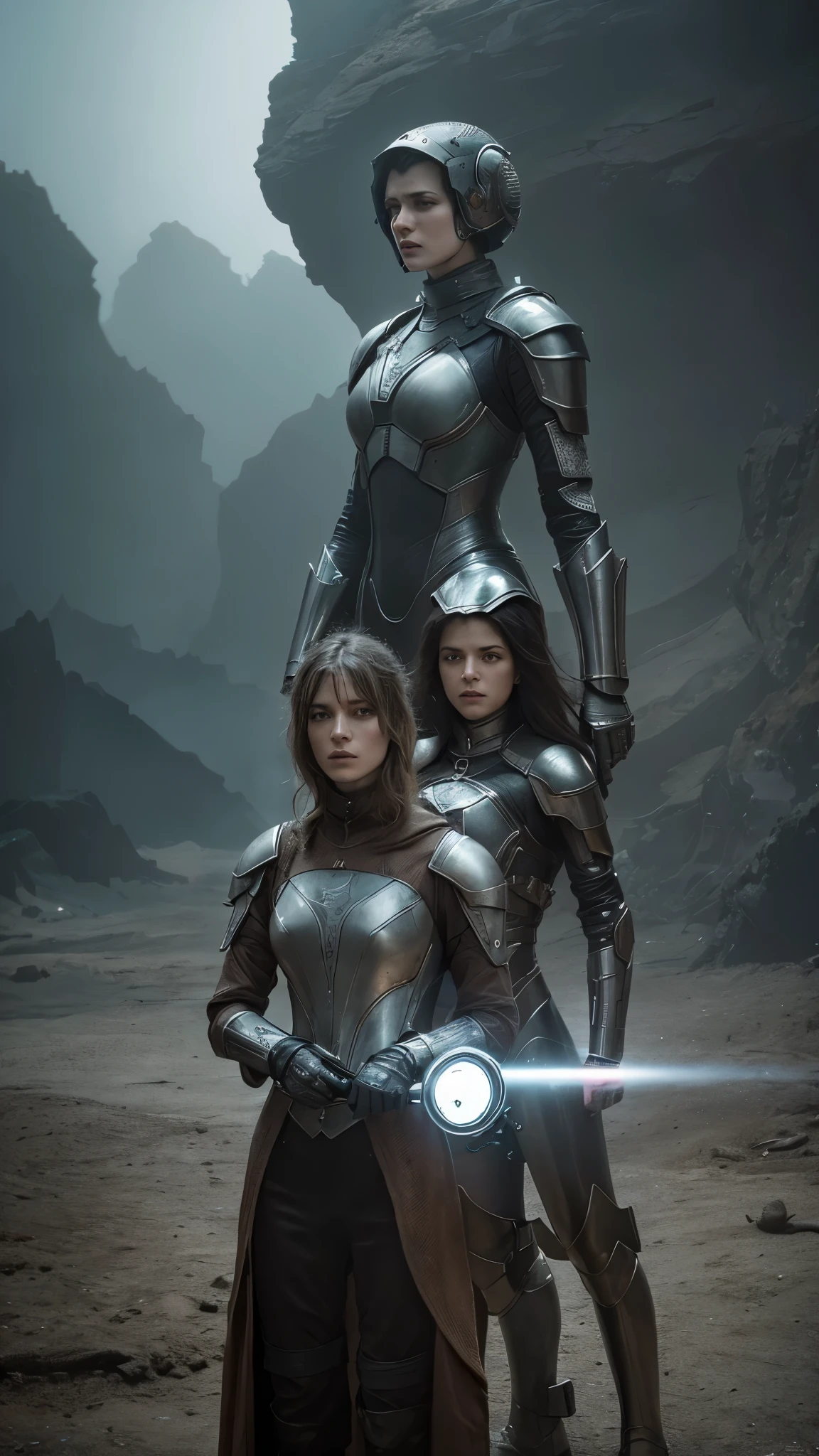 there are two women in armor standing next to each other, highly detailed surreal vfx, inspired by Peter Lindbergh, desaturated and muted colors, inspired by Nikola Avramov, clockpunk, detailed and beautiful faces, by Steven James Petruccio, prometheus (2012)