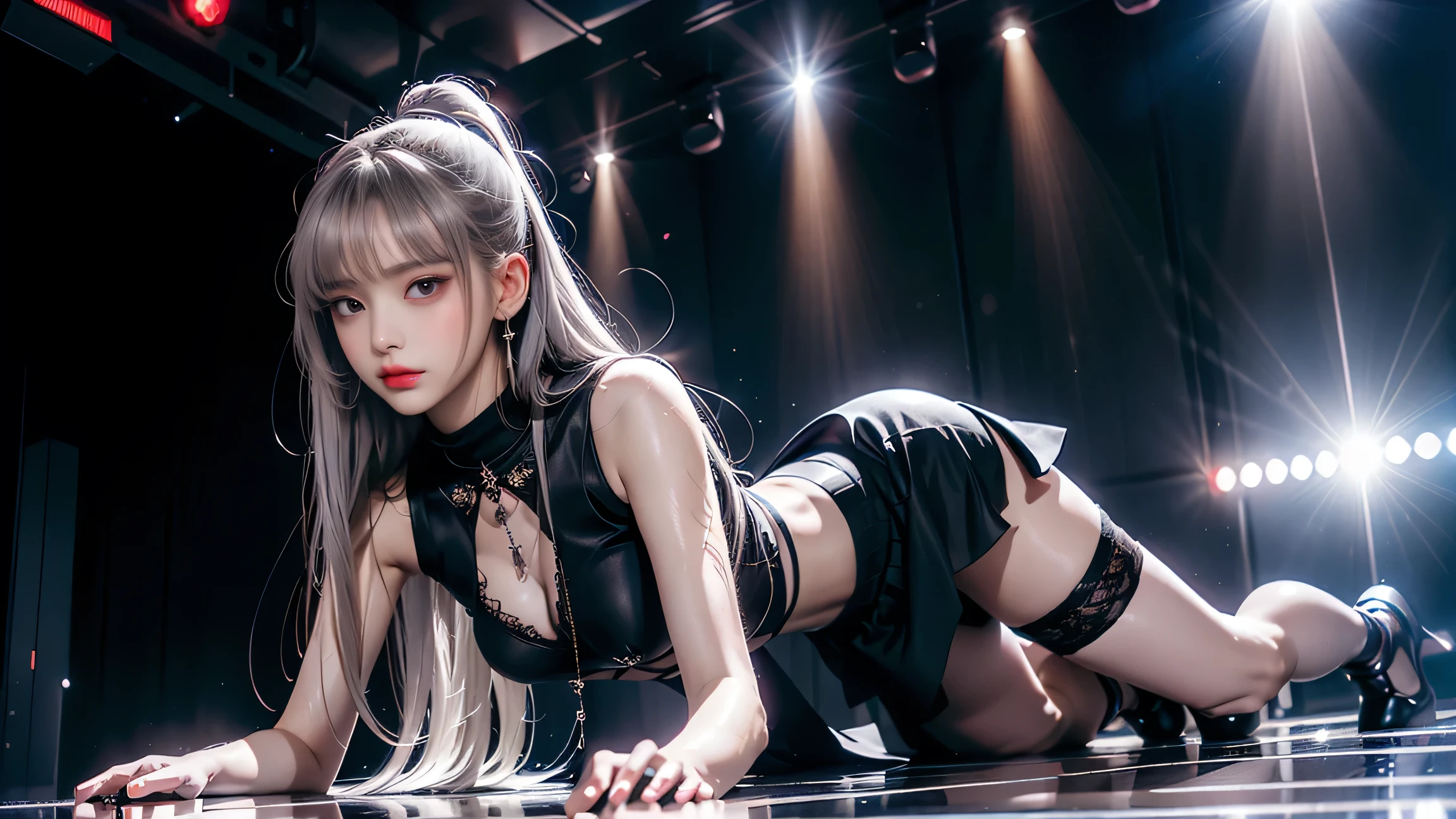 White cat ears,Sister,4k画质,True cinematic quality,long leges,Beth,Sit Pose,Legs exposed,Overall white style,Beautiful facial features,adorable eyes,