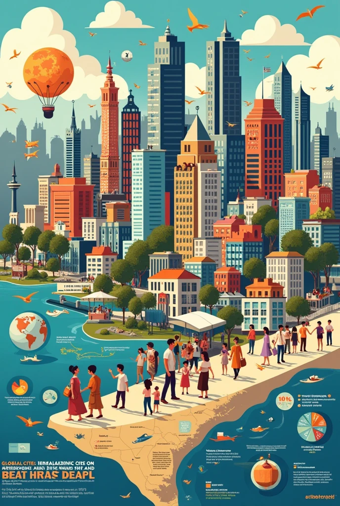 Poster Making about the theme "Youth Digital Pathways for Sustainable Develoment" including youths, social media icon, buildings icon, wifi and technology, wind mill, airplanes, sea with ships
