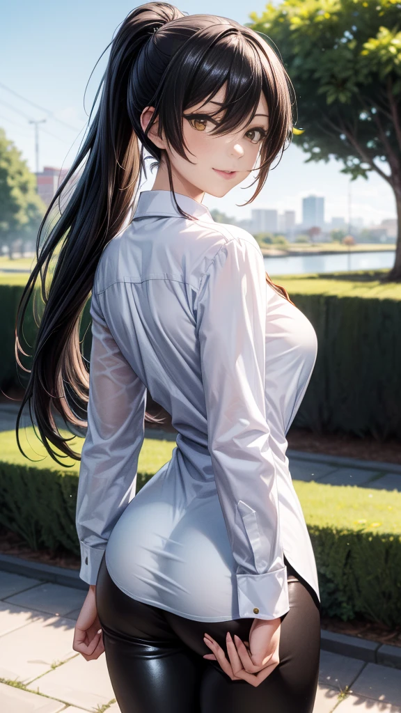 (strong and bright eyes)beautiful, beautiful woman, perfect anatomy, perfect body, perfect breasts, choker:1.6, captivating look, slight smile, realism, Masterpiece, Rough skin , super detailed, high detail, high quality, 最high quality, 1080P, 16k, realist, 1 girl, (black hair, Waist length hair), crop top, shiny black leggings, chapped lips, blush, evening, flores, sun, sunlighT, (in underwear), (White long sleeve collar shirt:1.4), shy, view from behind, perfectly curvy ass