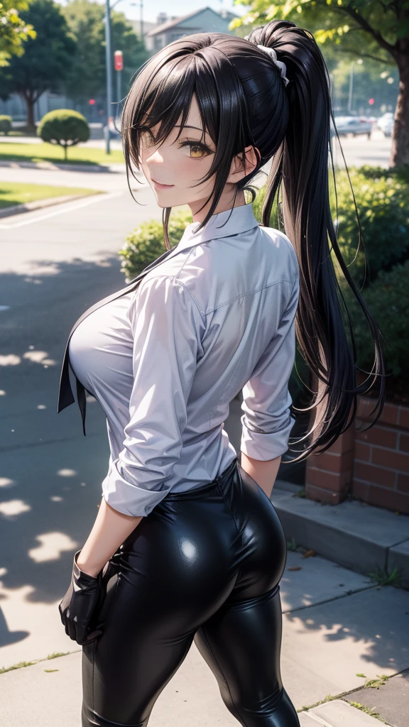 (Yaedef :1.4), 8K, highres,  ultra detailed , ( Masterpiece:1.4),  Best Quality , Sakuya Shirase, symmetrical body, beautiful, Alone, standing,  dynamic pose ,  seen from behind , culo perfecto,  looking at the spectator , Tender smile, long ponytail black hair,  detailed face ,  looking at the spectator ,,  beautiful eyes, amber yellow eyes, ( white collar shirt :1.4),  long black gloves , ( shiny black leggings),  black leather boots , Park, angled view,  perfect breasts ,  badass anime girl , bright clothes