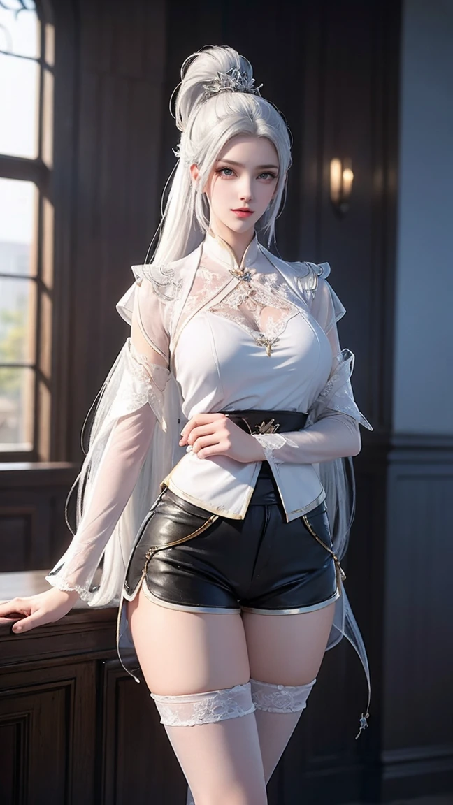 a white hair、Close-up of woman wearing white mask, Beautiful character painting, guweiz, Gurwitz-style artwork, White-haired god, author:Yang Jie, Epic and beautiful character art, Stunning character art, author:Fan Qi, by Wuzhun Shifan, pixiv art street guweiz, Single ponytail, ??????, High Ponytail, tall and big, Long legs, (Sleeveless lace shirt), (shorts), (Striped )), ((Striped )), Walk, elegant, dignified, woman, Beautiful curves, sweet smile, Strong sense of detail and layering, color丰富绚丽, Has a unique texture, Colorful, color, vivid, design art, 16K, Ultra Detailed, {{illustration}}, {Extremely refined}, {Exquisite surface treatment}, Ultra Detailed, Delicate and shining eyes, {{Movie Lighting}}, Extreme lighting effects, Model: realism, CFG size: 12, Laura: Bright texture (1.35), high quality, masterpiece, Exquisite facial features, Delicate hair depiction, Detailed depiction of the eyes, masterpiece, best quality, Ray Tracing, Extremely detailed CG unified 8k wallpaper, masterpiece, best quality, (1 girl), 完美woman身材, (((tight white t shirt))), beautiful eyes, (Delicate face), Black short hair, Tie your hair up, Light blue hairpin, Black Silk Frame Glasses, In class, (White skin), (Optimal lighting), (Super intricate details), 4k unity, (Ultra Detailed CG), Showing off her white legs, , Hot Pants, shorts,