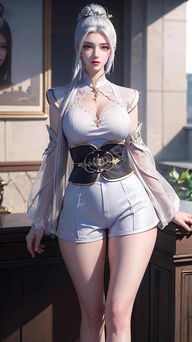 a white hair、Close-up of woman wearing white mask, Beautiful character painting, Guweiz, Gurwitz-style artwork, White-haired god, author：Yang Jie, Epic and beautiful character art, Stunning character art, author：Fan Qi, by Wuzhun Shifan, pixiv art street guweiz, Single ponytail, insult, High Ponytail, tall and big, Long legs, (Sleeveless lace shirt), (shorts), (Striped )), ((Striped )), Walk, elegant, dignified, woman, Beautiful curves, sweet smile, Strong sense of detail and layering, colour丰富绚丽, Has a unique texture, Colorful, colour, vivid, design art, 16K, Ultra Detailed, {{illustration}}, {Extremely refined}, {Exquisite surface treatment}, Ultra Detailed, Delicate and shining eyes, {{Movie Lighting}}, Extreme lighting effects, Model: Realism, CFG size: 12, Laura: Bright texture (1.35), high quality, masterpiece, Exquisite facial features, Delicate hair depiction, Detailed depiction of the eyes, masterpiece, best quality, Ray Tracing, Extremely detailed CG unified 8k wallpaper, masterpiece, best quality, (1 girl), Perfect woman figure, (((tight white t shirt))), beautiful eyes, (Delicate face), Black short hair, Tie your hair up, Light blue hairpin, Black Silk Frame Glasses, In class, (White skin), (Optimal lighting), (Super intricate details), 4k unity, (Ultra Detailed CG), Showing off her white legs, , Hot Pants, shorts,
