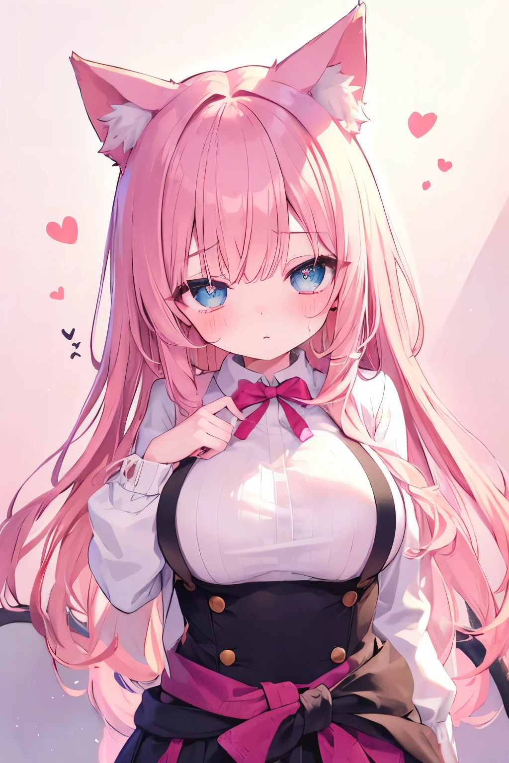 nsfw,waist cardigan 、Wrap a cardigan around your waist, light pink hair ,Very beautiful and sparkling eyes 、 sparkling eyes 、 1 girl、 Big Breasts 、cat ears、((((( )))))、heart❤、((sweat、vapor)),cat ears