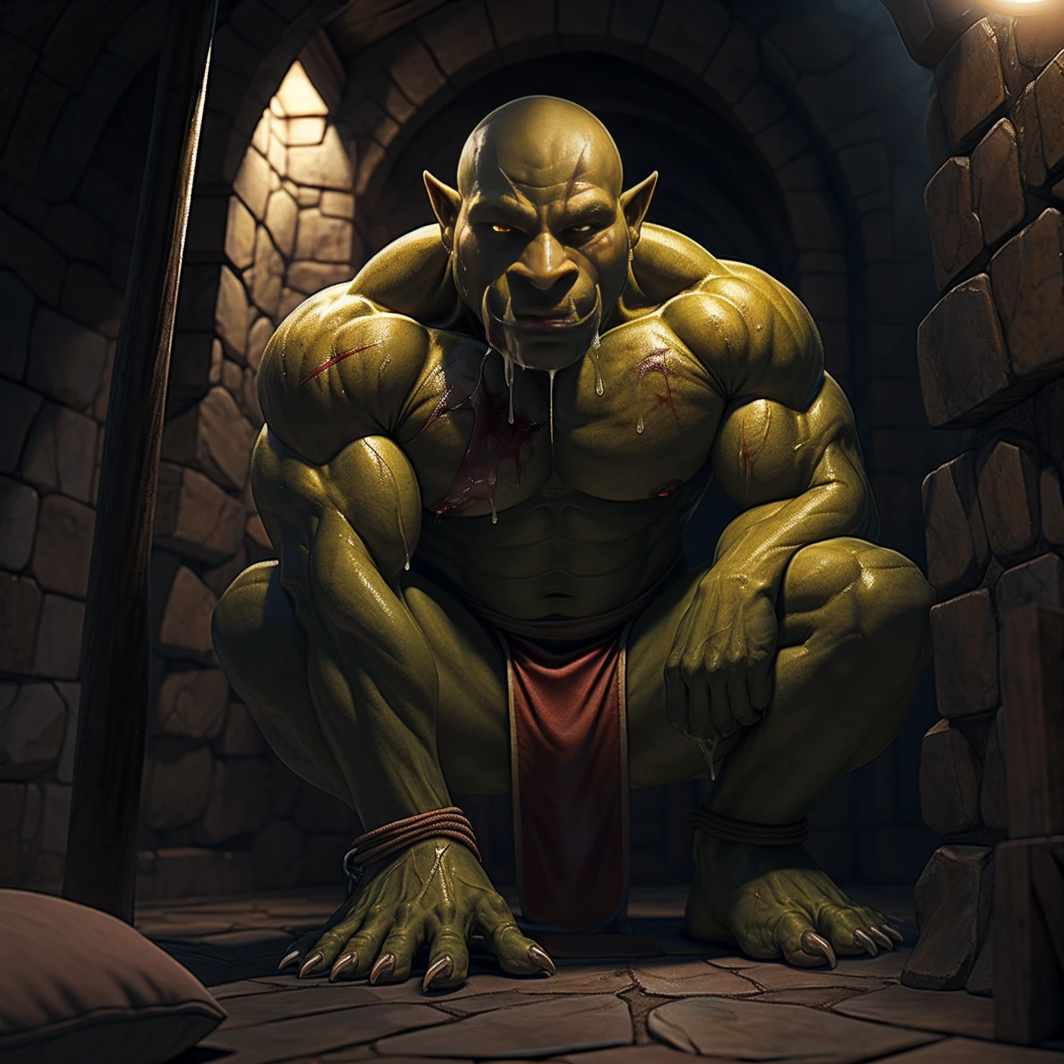 The orc, with his olive green skin and scars that appear to have been carved into his body, sits crouched in the dungeon, surrounded by shackles and chains that keep him prisoner. His bald head reflects the weak light filtering through the bars of the cell, and his red eyes seem to glow with an inner intensity. His mouth, adorned with large sharp fangs, curves into a slight seductive smile, while he sticks out his tongue and moves it slowly, as if he were flirting with the viewer. Her only outfit is a small loincloth that barely covers her privacy, which adds a touch of sensuality and vulnerability to her posture. The floor of the dungeon is covered in a dark, viscous liquid that appears to be a mixture of blood, sweat, and other bodily fluids. The smell of dampness and decay fills the air, and the sound of water droplets falling in the distance creates a gloomy and oppressive atmosphere. Despite being bound and imprisoned, the orc seems to exude an aura of confidence and sensuality, as if he were defying his captor and the very situation in which he finds himself. Her gaze is direct and provocative, inviting the viewer to come closer and explore her world.