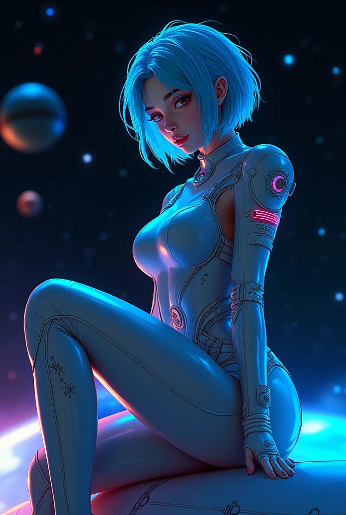 A detailed portrait of Sailor Mercury, beautiful detailed blue eyes, long eyelashes, beautiful detailed lips, extremely detailed face and features, short blue hair,  crotch, shaved) in a futuristic cityscape, lights neon, glowing energy effects, cinematic lighting, hyperdetailed, digital art, from below, from below, 8k, high resolution, masterpiece, accurate, anatomically correct, textured skin, high details, best quality, high resolution