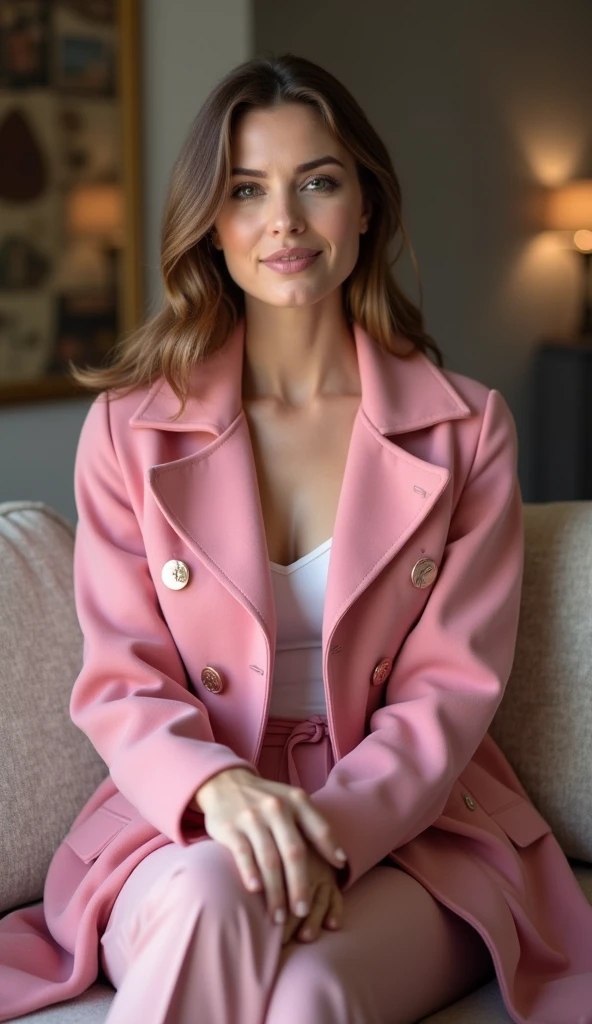 A lady sitting on a couch in front of the camera is wearing a modern pink coat. The coat features elegant lines and a contemporary design , perhaps with unique buttons or a fitted waist, giving it an elegant look, but relaxed.  The setting is cozy , with soft lighting that highlights your style.