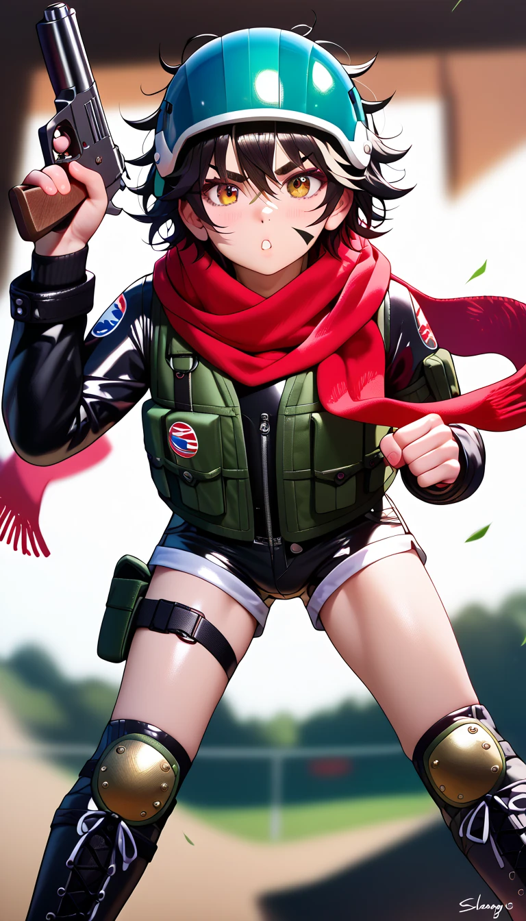 masterpiece, highest_quality, ultra_detailed, anime_style, depth_of_field, 1boy_focus, boy is (japanese_femboy, (black_hair, messy_hair, black_slant_eyes, close_set_low_eyebrows), flat_chest, (fullface_helmet:1.5, leather_wide_shorts_over_bodysuit, thighhigh_boots, bulletproof_vest, knee_pad, greave, scarf):1.5, fighting_pose), five_fingers, detailed_face, full_of_details, holding_dagger, dual_wielding, handgun_in_a_holster, submachinegun