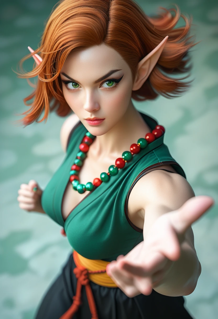 Beautiful elf female, photoreaistic, warrior monk, fair skin, (((medium copper hair))), green eyes, black eyeliner, ((medium breasts)), pointy ears, strong, fit. Wearing green chinese shirt. Japanese village background. Wearing Buddhist bead necklace. Kung fu stance. High angle view.