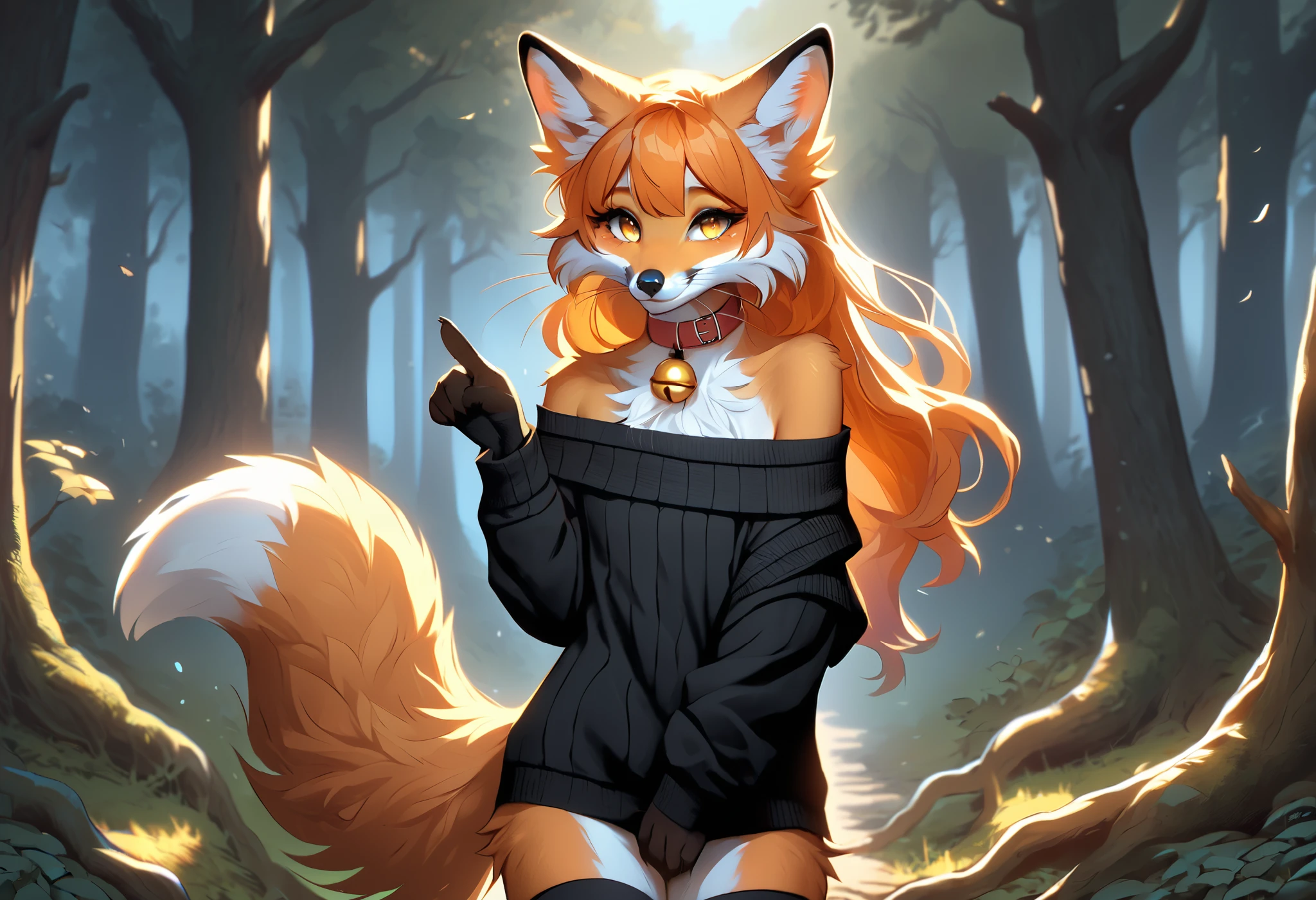 full body、Solo、unpralleled masterpiece、Detailed、 Beautiful、 score_9、 score_8_up、 score_7_up、moody atmosphere、mysterious、fox、anthro、furry、female、orange fur、(long hair、beautiful hair、orange hair、side swept hair、bangs)、yellow eyes、(fur tuft on chest、tuft of fur)、(digitigrade、claws、fox paws、exposed feet)、(foxy whiskers)、(heavily shaded orange body、dark black shading on body)、(sassy pose、sassy hips、sassy、flirtatious)、fluffy tail、(smile)、wearing (Black simple stylish long socks、non-transparent thigh highs、Black crop off shoulder sweater、Colored hair bow、Collar with gold bell)、in a forest、tree roots、leafless tree branch extending like an pointing finger、an anthropomorphic fox holding a feral fox animal in arms、an anthropomorphic fox hugging a feral fox animal