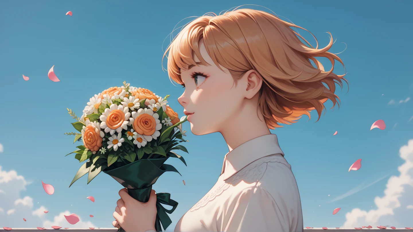 masterpiece, highres, absurdres, newest, very awa, blending, 1girl, solo, round face, short hair, bob cut, swept bangs, floating hair, side view, falling petals, holding bouquet, daisy,