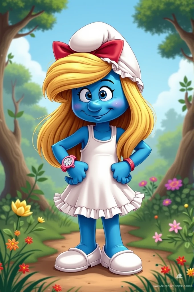 (1girl, smurfetteOC:1), cute, (hat, white dress:1.2), looking at viewer, (from below:1), (curvy), light smile, sexy,( colored skin, blue skin, blonde:1.2), (cartoon:1.2), smol,
(simple background, particles:1), (full body:1), dynamic pose,
(masterpiece:1.2), (best quality, highest quality), (ultra detailed), (8k, 4k, intricate), (50mm),
<lora:smurfette_Character-08:0.7> <lora:3DMM_V7:0.75>